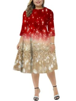 Women‘s Plus Size Christmas Dress Work Dress Santa Claus 3/4 Length Sleeve Winter Fall Midi Dress Christmas Dress Work Dress