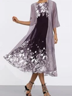 Women's Two Piece Dress Set Casual Dress Swing Dress Daily Date Streetwear Modern Print Midi Dress Crew Neck Half Sleeve Floral Loose Fit Purple Gray Spring Fall M L XL XXL 3XL