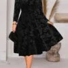 Women‘s Plus Size Curve Party Dress Velvet Dress Black Dress Swing Dress Leaf Midi Dress Long Sleeve V Neck Fashion Party Fall Winter XL XXL 3XL 4XL 5XL
