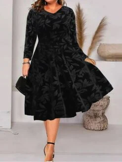Women‘s Plus Size Curve Party Dress Velvet Dress Black Dress Swing Dress Leaf Midi Dress Long Sleeve V Neck Fashion Party Fall Winter XL XXL 3XL 4XL 5XL