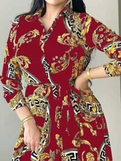 Women's Shirt Dress Casual Dress Swing Dress Maxi Long Dress Outdoor Daily Vacation Polyester Fashion Elegant Shirt Collar Lace Up Button Long Sleeve Spring Fall Winter 2023 Loose Fit ArmyGreen Red -HAYz Clothing Shop gbpyfl1695027666602