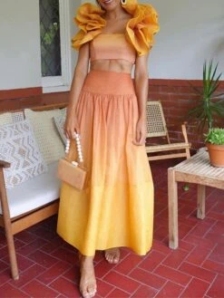 Women's Two Piece Dress Set Casual Dress Skirt Set Outdoor Daily Fashion Streetwear Ruffle Print Midi Dress Crew Neck Sleeveless Tie Dye Regular Fit Yellow Fall Winter S M L XL