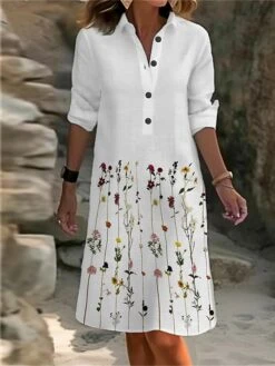 Women's Shirt Dress Casual Dress Cotton Linen Dress Midi Dress Polyester Fashion Casual Daily Outdoor Daily Vacation Shirt Collar Button Pocket Long Sleeve Summer Spring Fall 2023 Loose Fit White -HAYz Clothing Shop gbtxkm1691732048051