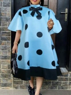 Women‘s Plus Size Curve Party Dress Cocktail Dress Wedding Guest Dress Midi Dress Blue Short Sleeve Polka Dot Patchwork Summer Spring Fall Stand Collar Fashion Wedding Guest Vacation 2023