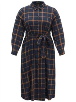 Women's Plus Size Curve Shirt Dress Casual Dress Swing Dress Plaid Midi Dress Long Sleeve Lace Up Button Shirt Collar Fashion Outdoor Dark Blue Fall Winter L XL 2XL 3XL 4XL -HAYz Clothing Shop gbvuul1697164757865