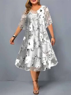 Women‘s Plus Size Curve Casual Dress Dress Set Chiffon Dress Floral Midi Dress Half Sleeve Print Crew Neck Fashion Daily Gray Summer Spring L XL XXL 3XL 4XL