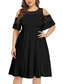 Women‘s Plus Size Curve Casual Dress Solid Color Crew Neck Lace Half Sleeve Fall Spring Casual Knee Length Dress Casual Daily Dress -HAYz Clothing Shop gbxcgc1656060137212