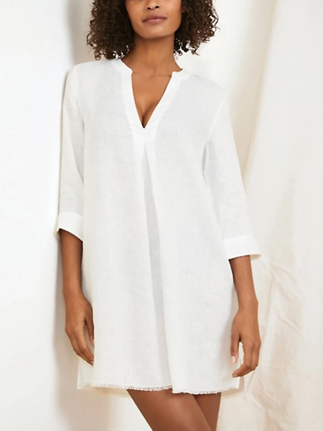 Women's Cotton Linen Dress Casual Dress Shift Dress Mini Dress Cotton Blend Casual Mature Winter Dress Daily Holiday Deep V Ruched Long Sleeve Summer Spring Fall 2023 Loose Fit Black White Wine Pure 2 Women's Cotton Linen Dress Casual Dress Shift Dress Mini Dress Cotton Blend Casual Mature Winter Dress Daily Holiday Deep V Ruched Long Sleeve Summer Spring Fall 2023 Loose Fit Black White Wine Pure - Image 2