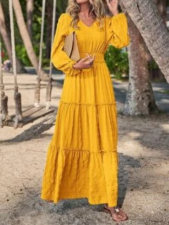 Women's Casual Dress Cotton Linen Dress Swing Dress Midi Dress Polyester Fashion Modern Outdoor Daily Vacation V Neck Ruched Ruffle Long Sleeve Summer Spring Fall 2023 Loose Fit Black Yellow Blue -HAYz Clothing Shop gceblj1691040677360