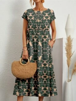 Women's Casual Dress Cotton Linen Dress Swing Dress Midi Dress Linen / Cotton Blend Fashion Casual Outdoor Daily Holiday Crew Neck Pocket Print Short Sleeve Summer Spring 2023 Loose Fit ArmyGreen -HAYz Clothing Shop gcegrr1689326966650