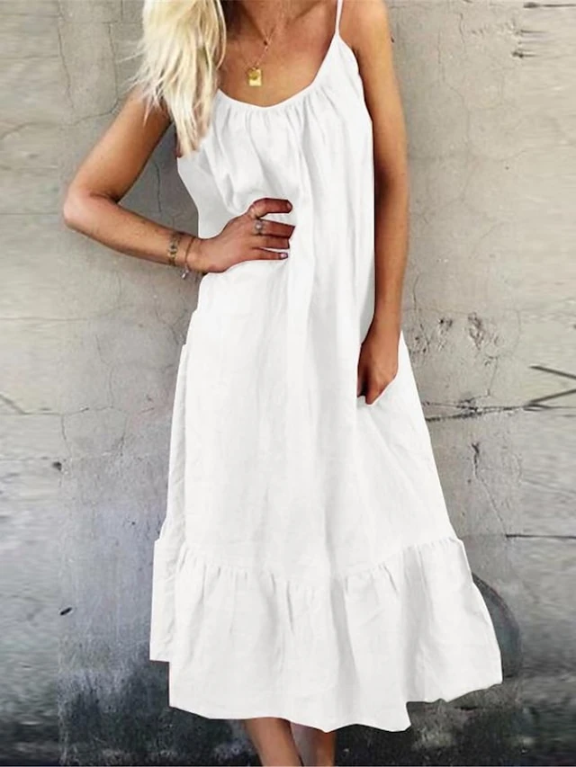 Women's Casual Dress Cotton Linen Dress A Line Dress Midi Dress Cotton Blend Basic Modern Outdoor Daily Vacation Spaghetti Strap Ruffle Sleeveless Summer Spring 2023 Loose Fit White Pink Sky Blue 2 Women's Casual Dress Cotton Linen Dress A Line Dress Midi Dress Cotton Blend Basic Modern Outdoor Daily Vacation Spaghetti Strap Ruffle Sleeveless Summer Spring 2023 Loose Fit White Pink Sky Blue - Image 2
