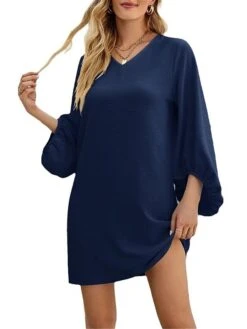 Women's Casual Dress Cotton Linen Dress Mini Dress Polyester Basic Classic Outdoor Daily Vacation V Neck Basic Long Sleeve Spring Fall Autumn 2023 Loose Fit Navy Blue Green Gray Plain S M L XL 2XL -HAYz Clothing Shop gcwpdo1692961074237