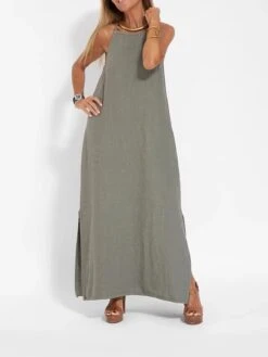 Women's Casual Dress Cotton Linen Dress Strap Dress Maxi Long Dress Polyester Casual Boho / Bohemian Vacation Beach Square Neck Split Sleeveless Summer Spring 2023 Slim ArmyGreen Black White Plain S