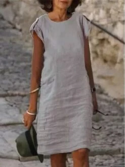 Women's Casual Dress Cotton Linen Dress Shift Dress Midi Dress Linen / Cotton Blend Basic Classic Outdoor Daily Vacation Crew Neck Button Short Sleeve Summer Spring 2023 Regular Fit White Pink Royal -HAYz Clothing Shop gdadau1689072966174