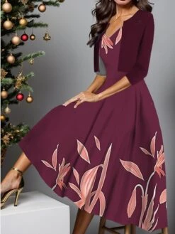 Women's Two Piece Dress Set Casual Dress Swing Dress Outdoor Daily Fashion Elegant Print Midi Dress V Neck Half Sleeve Leaf Ombre Regular Fit Royal Blue Blue Purple Fall Winter S M L XL XXL