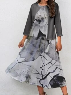 Women's Two Piece Dress Set Casual Dress Swing Dress Outdoor Office Fashion Streetwear Print Midi Dress Crew Neck 3/4 Length Sleeve Leaf Regular Fit Yellow Green Gray Fall Winter S M L XL XXL -HAYz Clothing Shop gdgzix1697681154077