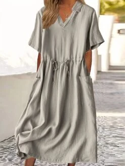 Women's Casual Dress Cotton Linen Dress A Line Dress Midi Dress Cotton Blend Basic Casual Outdoor Vacation Shirt Collar Pocket Short Sleeve Summer Spring 2023 Regular Fit Red Green Gray Plain M L XL -HAYz Clothing Shop gdhgty1682673457418