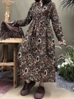 Women's Casual Dress Cotton Linen Dress Swing Dress Maxi Long Dress Linen Cotton Blend Daily Casual Outdoor Daily Vacation Split Neck Button Print Long Sleeve Spring Fall Winter 2023 Loose Fit Yellow -HAYz Clothing Shop gdhpvi1695284226728