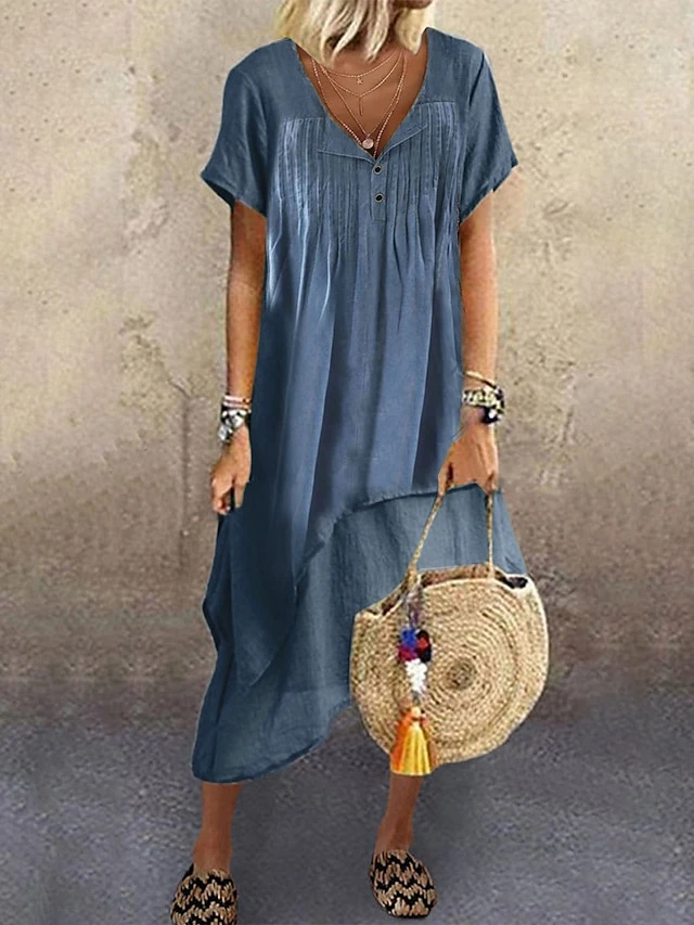 Women's Casual Dress Cotton Linen Dress Swing Dress Midi Dress Cotton Blend Basic Modern Outdoor Daily V Neck Button Layered Short Sleeve Summer Spring 2023 Loose Fit Blue Plain S M L XL 2XL 1 Women's Casual Dress Cotton Linen Dress Swing Dress Midi Dress Cotton Blend Basic Modern Outdoor Daily V Neck Button Layered Short Sleeve Summer Spring 2023 Loose Fit Blue Plain S M L XL 2XL