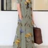 Women's Shirt Dress Casual Dress Shift Dress Maxi Long Dress Outdoor Daily Date Polyester Basic Modern Shirt Collar Button Pocket Short Sleeve Summer Spring 2023 Loose Fit Green Apricot Floral S M L