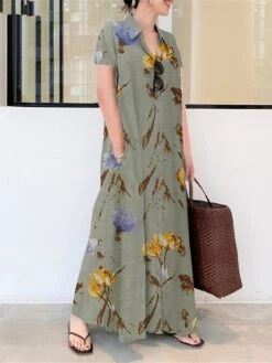 Women's Shirt Dress Casual Dress Shift Dress Maxi Long Dress Outdoor Daily Date Polyester Basic Modern Shirt Collar Button Pocket Short Sleeve Summer Spring 2023 Loose Fit Green Apricot Floral S M L