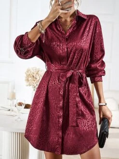 Women's Shirt Dress Midi Dress Outdoor Date Vacation Satin Fashion Elegant Shirt Collar Lace Up Button Long Sleeve Spring Fall Winter 2023 Loose Fit Black Wine Brown Pure Color S M L XL -HAYz Clothing Shop gdxmbi1692856939832