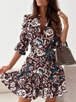 Women's Shirt Dress Casual Dress Swing Dress Mini Dress Outdoor Daily Vacation Polyester Fashion Casual Shirt Collar Lace Up Pocket Long Sleeve Spring Fall Winter 2023 Loose Fit Blue Brown Apricot -HAYz Clothing Shop gecvie1696846054270