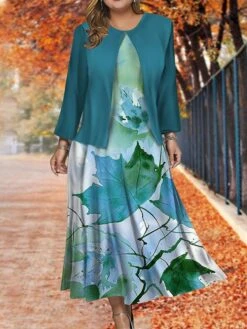 Women's Plus Size Two Piece Dress Set Casual Dress Swing Dress Outdoor Office Fashion Streetwear Print Midi Dress Crew Neck Long Sleeve Leaf Regular Fit Blue Brown Khaki Fall Winter L XL XXL 3XL 4XL -HAYz Clothing Shop gehvmp1697785076622