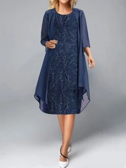 Women's Two Piece Dress Set Party Dress Sequin Dress Party Outdoor Fashion Streetwear Embroidered Sequin Midi Dress Crew Neck 3/4 Length Sleeve Plain Regular Fit Navy Blue Fall Winter S M L XL XXL