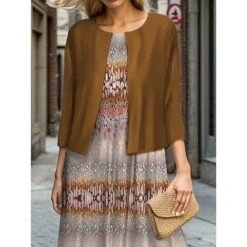 Women's Two Piece Dress Set Casual Dress Swing Dress Outdoor Office Fashion Streetwear Print Midi Dress Crew Neck 3/4 Length Sleeve Geometric Stripe Regular Fit Fuchsia Brown Fall Winter S M L XL XXL -HAYz Clothing Shop gepsui1695644986036