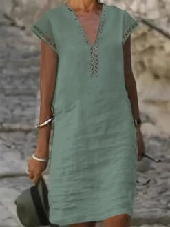 Women's Cotton Linen Dress Casual Dress Shift Dress Midi Dress Cotton Fashion Modern Outdoor Daily Vacation V Neck Cut Out Short Sleeve Summer Spring 2023 Regular Fit White Blue Green Plain S M L XL 17 Women's Cotton Linen Dress Casual Dress Shift Dress Midi Dress Cotton Fashion Modern Outdoor Daily Vacation V Neck Cut Out Short Sleeve Summer Spring 2023 Regular Fit White Blue Green Plain S M L XL -HAYz Clothing Shop gesewz1678416595828