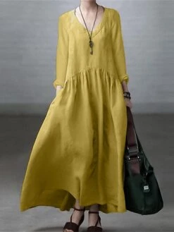 Women's Casual Dress Cotton Dress Swing Dress Maxi Long Dress Cotton Basic Classic Outdoor Daily Vacation V Neck Ruched Long Sleeve Spring Fall Winter 2023 Loose Fit ArmyGreen Black White Plain S M L