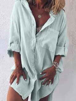 Women's Shirt Dress Casual Dress Linen Dress Mini Dress Cotton Linen Basic Classic Outdoor Daily Vacation Shirt Collar Button Pocket Long Sleeve Fall Autumn 2023 Loose Fit Black Light Green Gray Plain -HAYz Clothing Shop gfksmr1692947459881