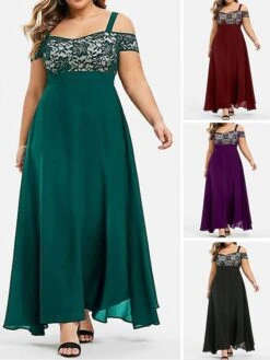 Women‘s Plus Size Curve Party Dress Homecoming Dress Formal Dress Solid Color Long Dress Maxi Dress Short Sleeve Lace Strap Modern Party Black Wine Summer Spring L XL XXL 3XL 4XL