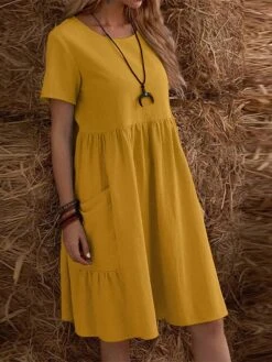 Women's Casual Dress Cotton Linen Dress Maxi Long Dress Linen / Cotton Blend Fashion Street Style Daily Date Weekend Crew Neck Ruffle Pocket Short Sleeve Summer 2023 Regular Fit Claret Black Yellow -HAYz Clothing Shop ggifha1687233827987