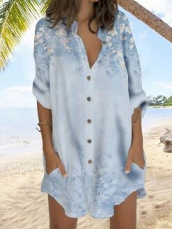 Women's Shirt Dress Casual Dress Shift Dress Mini Dress Outdoor Daily Vacation Polyester Fashion Casual Stand Collar Button Pocket Long Sleeve Summer Spring Fall 2023 Regular Fit Blue Purple Gray