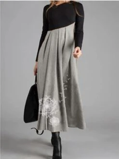 Women's Casual Dress Swing Dress Midi Dress Blue Khaki Gray Long Sleeve Color Block Ruched Winter Fall Autumn V Neck Winter Dress Fall Dress Loose Fit S M L XL XXL 3XL 4XL