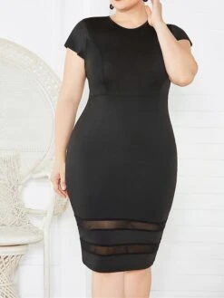 Women's Plus Size Curve Party Dress Bodycon Sheath Dress Plain Midi Dress Short Sleeve Mesh Crew Neck Fashion Party Black White Fall Winter XL XXL 3XL 4XL 5XL -HAYz Clothing Shop ggxwjn1694151470333