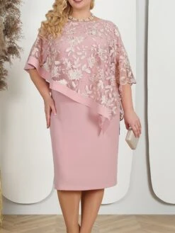 Women's Plus Size Curve Party Dress Lace Dress Cocktail Dress Midi Dress Pink Blue Half Sleeve Floral Lace Summer Spring Fall Crew Neck Fashion Birthday Wedding Guest Vacation L XL XXL 3XL 4XL 5XL -HAYz Clothing Shop ghdflg1692157170639