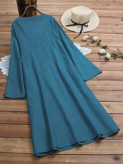 Women's Casual Dress Cotton Linen Dress Swing Dress Midi Dress Cotton Blend Basic Casual Outdoor Daily Vacation V Neck Pocket Long Sleeve Summer Spring Fall 2023 Loose Fit White Blue Plain M L XL 2XL -HAYz Clothing Shop ghibur1676443421886