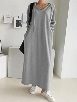 Women's Plus Size Curve Casual Dress Hoodie Dress Solid Color Long Dress Maxi Dress Long Sleeve Pocket Hooded Fashion Outdoor Black Khaki Fall Winter L XL XXL 3XL 4XL -HAYz Clothing Shop ghiskc1693970748896