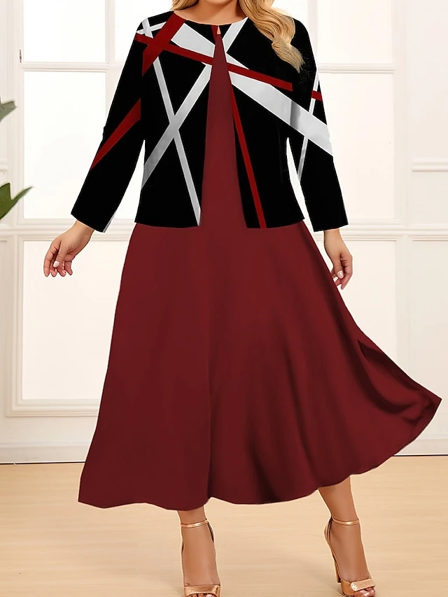 Women's Plus Size Curve Two Piece Dress Set Casual Dress Swing Dress Outdoor Office Fashion Streetwear Print Midi Dress Crew Neck Long Sleeve Geometric Color Block Wine Blue Khaki Spring Fall L 2 Women's Plus Size Curve Two Piece Dress Set Casual Dress Swing Dress Outdoor Office Fashion Streetwear Print Midi Dress Crew Neck Long Sleeve Geometric Color Block Wine Blue Khaki Spring Fall L - Image 2