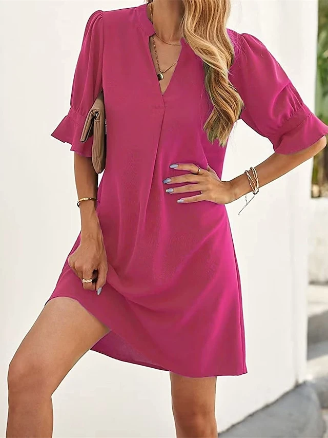 Women's Shirt Dress Casual Dress Shift Dress Mini Dress Outdoor Daily Polyester Basic Classic Split Neck Ruffle Half Sleeve Summer Spring Fall 2023 Loose Fit Light Pink Black Pink Plain S M L XL 2XL 16 Women's Shirt Dress Casual Dress Shift Dress Mini Dress Outdoor Daily Polyester Basic Classic Split Neck Ruffle Half Sleeve Summer Spring Fall 2023 Loose Fit Light Pink Black Pink Plain S M L XL 2XL - Image 16