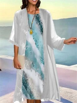 Women's Two Piece Dress Set Casual Dress Print Dress Outdoor Daily Fashion Elegant Print Midi Dress Crew Neck 3/4 Length Sleeve Floral Ombre Regular Fit Blue Green Gray Summer Spring S M L XL XXL -HAYz Clothing Shop ghvswz1680845396095