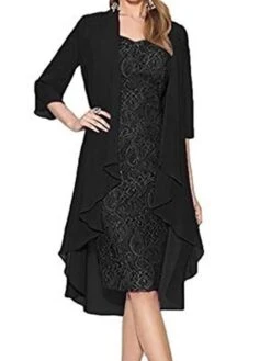Women's Two Piece Dress Party Dress Lace Dress Dress Set Knee Length Dress Black Brown Gray Long Sleeve Floral Lace Spring Fall Autumn V Neck Party Fall Dress Slim 2023 S M L XL XXL 3XL 4XL 5XL -HAYz Clothing Shop ghwmhu1640225672881