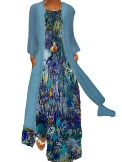 Women's Two Piece Dress Set Casual Dress Shift Dress Daily Going Out Casual Pocket Print Maxi Dress Crew Neck 3/4 Length Sleeve Floral Loose Fit Light Green Pink Blue Summer Spring M L XL XXL XXXL -HAYz Clothing Shop giccmr1672828062451