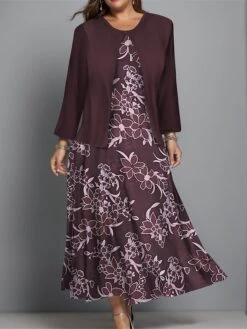 Women's Plus Size Two Piece Dress Set Casual Dress Swing Dress Outdoor Office Fashion Streetwear Print Midi Dress Crew Neck Long Sleeve Floral Regular Fit Navy Blue Purple Green Fall Winter L XL XXL -HAYz Clothing Shop gicziv1697089239321