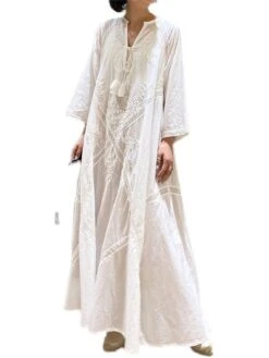 Women's Casual Dress Cotton Linen Dress Swing Dress Maxi Long Dress Linen Basic Classic Outdoor Daily Vacation V Neck Ruched Long Sleeve Spring Fall Winter 2023 Loose Fit White Plain One-Size -HAYz Clothing Shop gigpue1692340890241