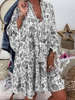 Women‘s Plus Size Curve Casual Dress Shift Dress Floral Dress Floral Mini Dress 3/4 Length Sleeve Ruched Ruffle V Neck Fashion Daily White Yellow Spring Summer L XL XXL 3XL 4XL -HAYz Clothing Shop gipmwc1676979045172