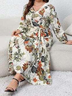 Women's Casual Dress Swing Dress Print Dress Leaf Floral Ruffle Print V Neck Long Dress Maxi Dress Fashion Streetwear Outdoor Daily Long Sleeve Regular Fit Blue Apricot Fall Winter XL XXL 3XL 4XL -HAYz Clothing Shop giqzla1697539484203